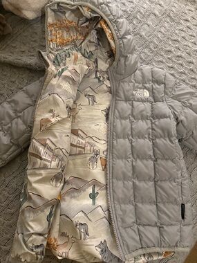 The North Face Kids Light Gray Puffer Jacket with Scenic Printed Lining